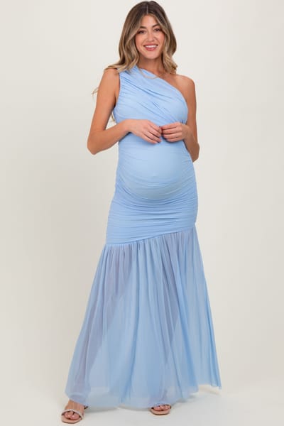 Cameo Light Blue Ruched Mesh One Shoulder Maternity Maxi Dress