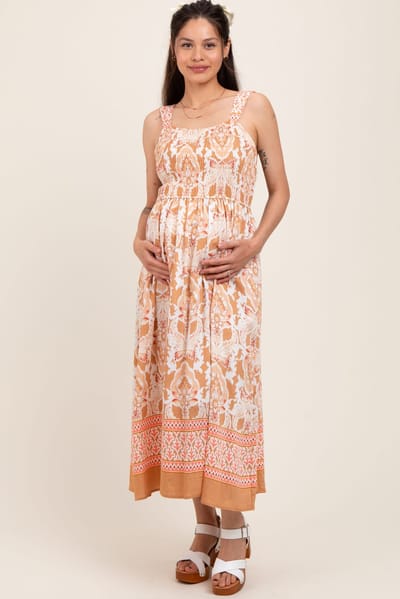 PinkBlush Camel Floral Sleeveless Smocked Maternity Midi Dress