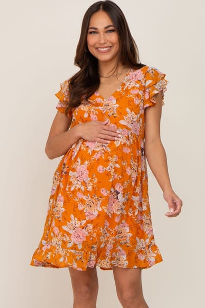 PinkBlush Orange Floral Flutter Sleeve Maternity Babydoll Dress