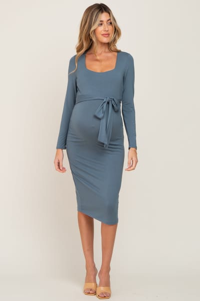 Hello Miz Blue Basic Square Neck Maternity Midi Dress