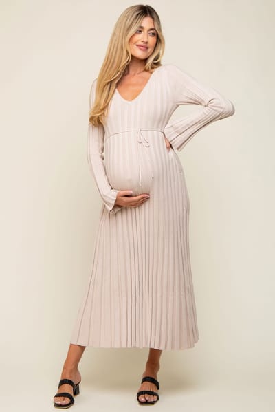 PinkBlush Taupe Ribbed Maternity Knit Maxi Dress