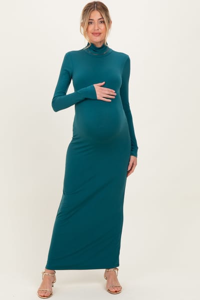 PinkBlush Green Turtleneck Long Sleeve Maternity Maxi Dress