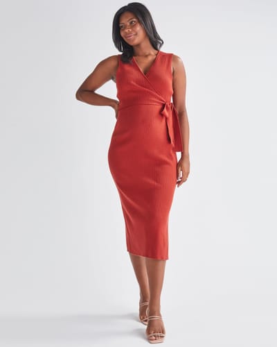 Angel Maternity Barbara Knit Maternity Midi Dress in Radiant Red