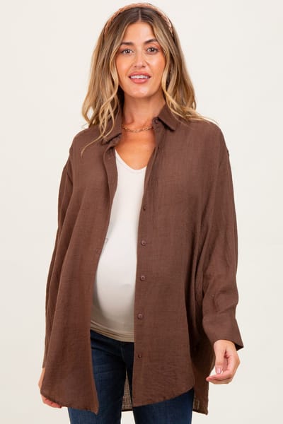 PinkBlush Light Brown Lightweight Sheer Button Down Maternity Blouse