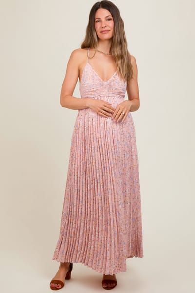 In Loom Light Pink Floral Pleated Back Cutout Maternity Maxi Dress