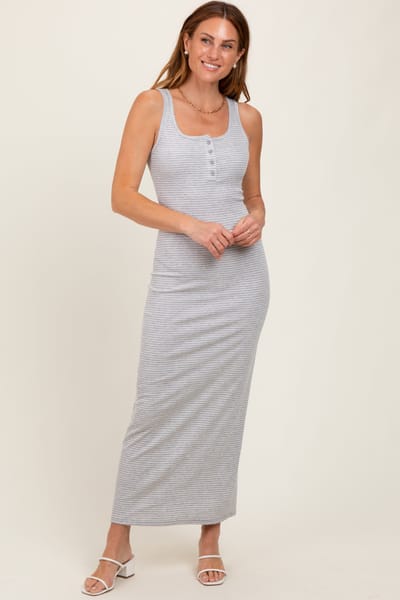 Hearts and Hips Heather Grey Striped Button Front Sleeveless Maxi Dress