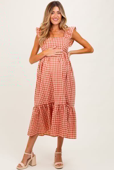 Elloh Rust Gingham Ruffle Strap Maternity Midi Dress