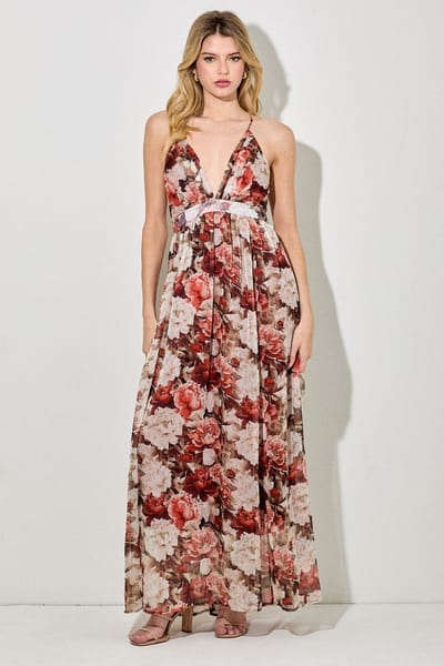 BaeVely Burgundy Floral Deep V-Neck Open Back Maxi Dress