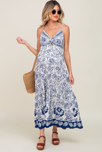 Angie Navy Blue Floral Front Twist Maternity Maxi Dress