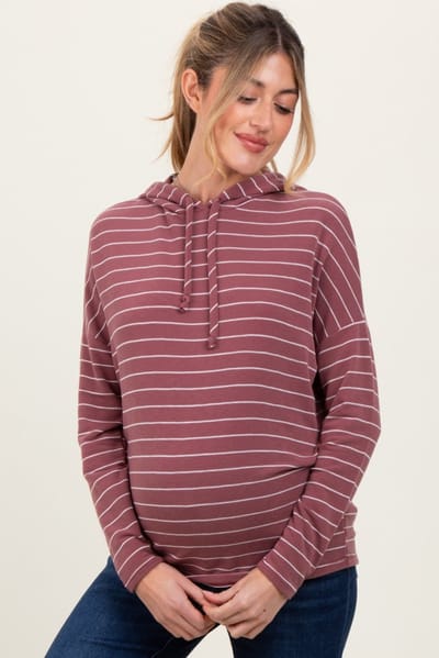Staccato Mauve Striped Drawstring Hoodie Maternity Top