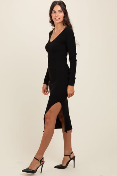 Dress Forum Black Ribbed Knit Side Slit Midi Dress