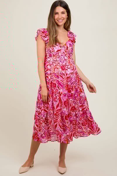 PinkBlush Fuchsia Floral Flutter Sleeve Maternity Dress
