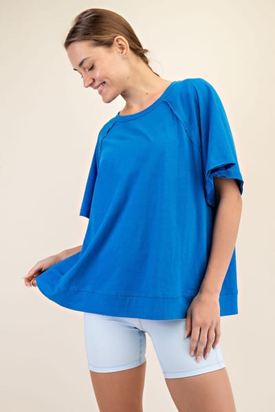 Rae Mode Royal Blue Oversized Raw Hem Short Sleeve Tee