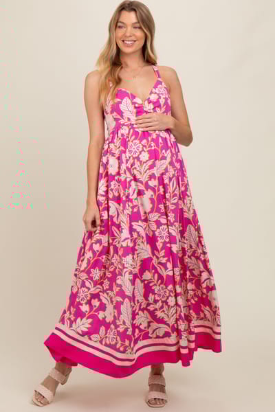 In Loom Fuchsia Floral Cutout Back Tie Maternity Maxi Dress