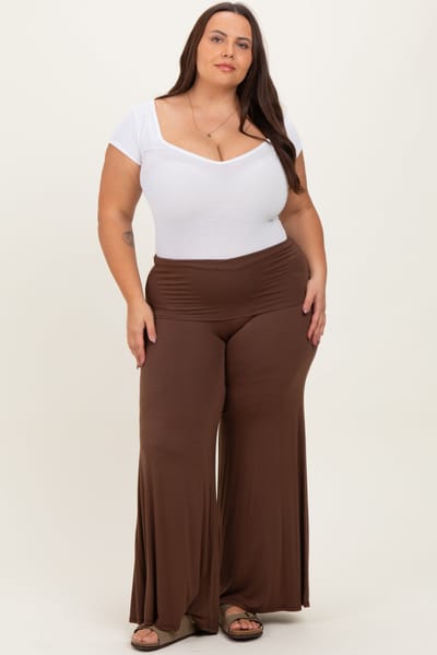 Zenana Outfitters Brown Fold Over Waist Wide Leg Plus Lounge Pants