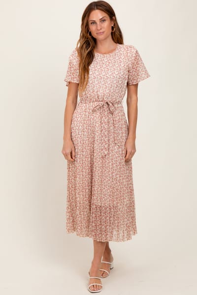 Polagram Cream Pink Print Pleated Midi Dress