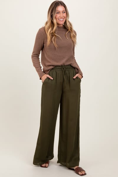 Final Touch Olive Ruffled Drawstring Waist Wide Leg Pants