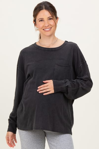 Hyfve Black Oversized Washed Long Sleeve Pocket Maternity Top