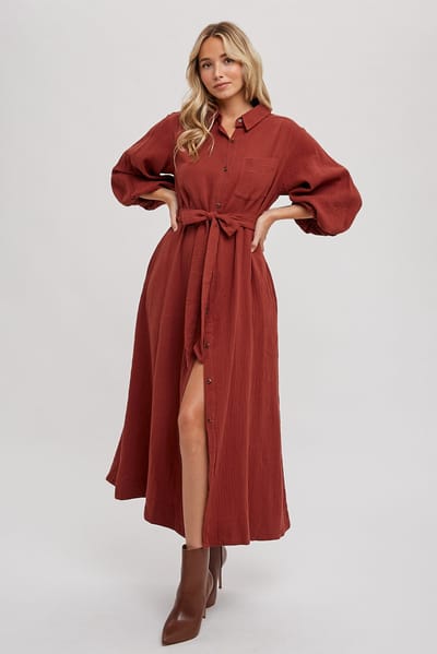 Bluivy Rust Gauze Belted Shirt Midi Dress