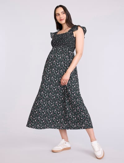 Motherhood Maternity Sleeveless Ruffle Shoulder Smocked Maxi Dress