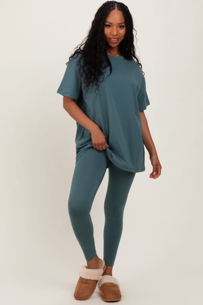 Zenana Outfitters Light Olive Oversized Crewneck Short Sleeve and Legging Set