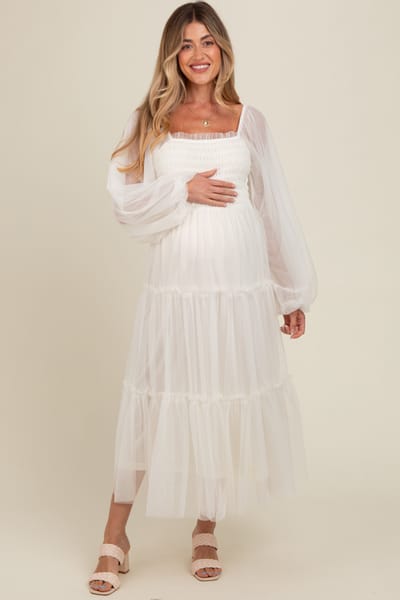 Listicle Cream Mesh Tiered Long Sleeve Maternity Maxi Dress