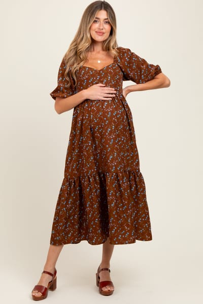 Elloh Mocha Floral Sweetheart Puff Sleeve Maternity Midi Dress