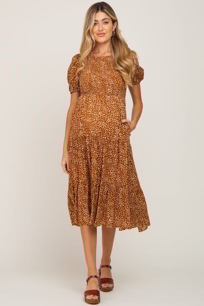 PinkBlush Rust Animal Print Smocked Maternity Midi Dress