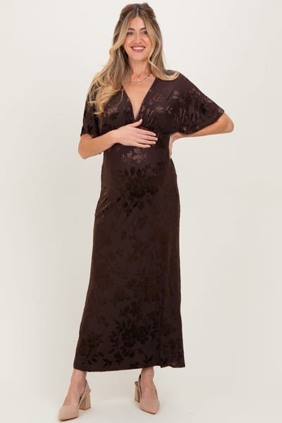 Rhea + Thea Brown Floral Velvet V-Neck Short Sleeve Maternity Maxi Dress