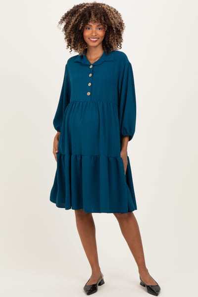 Rhea + Thea Dark Teal Long Sleeve Button Down Collared Tiered Maternity Dress