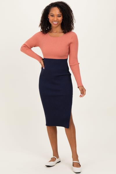 AIBLEE Pink Navy Knit Colorblock Long Sleeve Midi Dress
