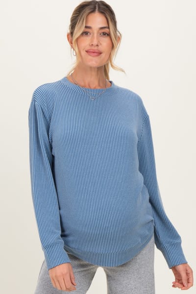 PinkBlush Dusty Blue Textured Rib Crew Neck Maternity Long Sleeve