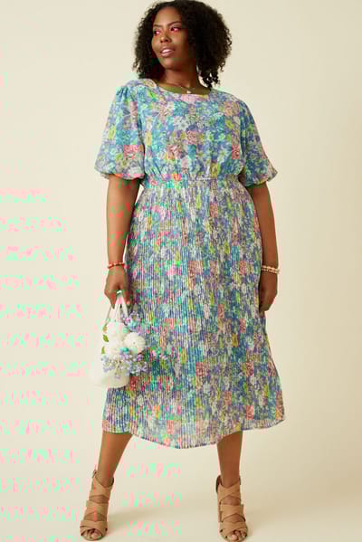 Hayden Teal Floral Pleated Plus Size Midi Dress