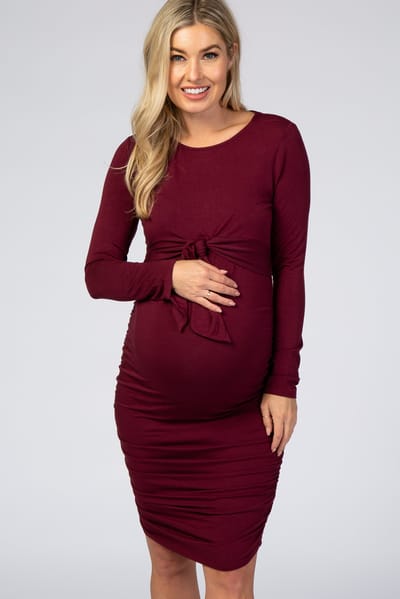 PinkBlush Burgundy Ruched Fitted Front Bow Maternity/Nursing Dress