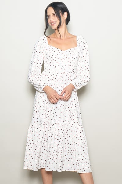 Elloh Cream Polka Dots Sweetheart Neck Midi Dress