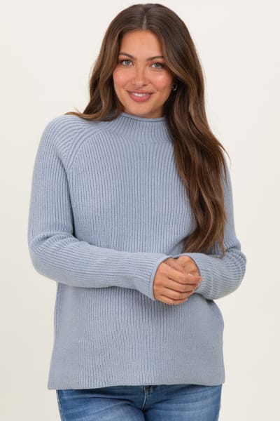Miracle Light Blue Mock Neck Ribbed Knit Basic Maternity Sweater Top