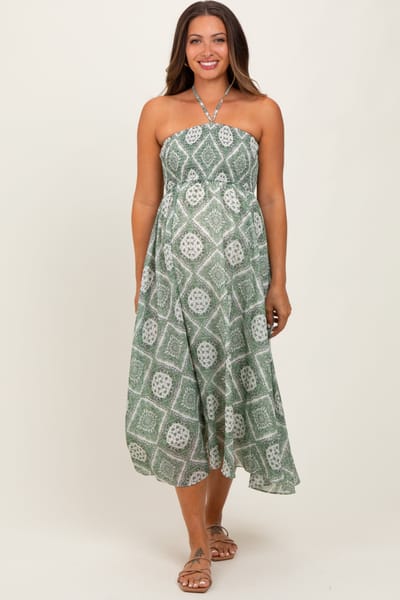 Bluivy Green Printed Smocked Halter Maternity Midi Dress
