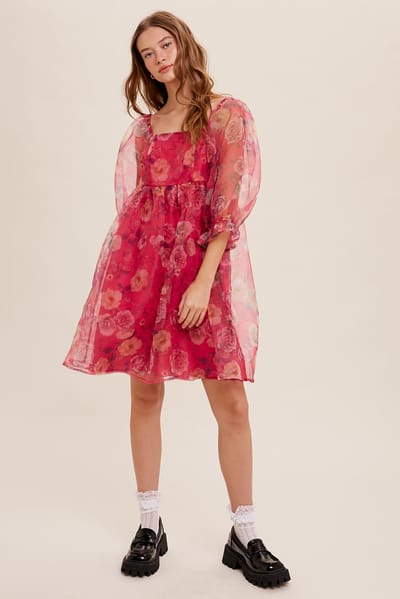 Listicle Pink Floral Organza Square Neck Babydoll Dress