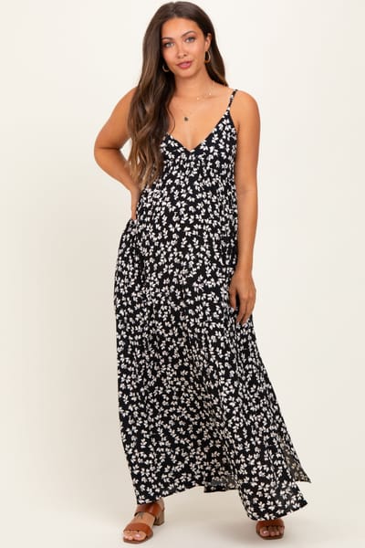 Be Cool Black Floral V-Neck Maternity Maxi Dress
