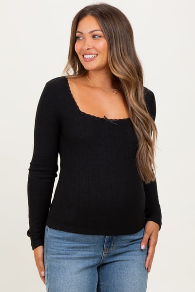 PinkBlush Black Pointelle Knit Lace Trim Square Neck Maternity Top