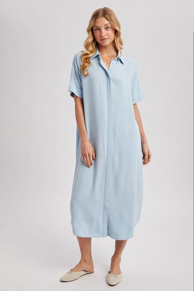 Bluivy Light Blue Button Down Midi Shirt Dress