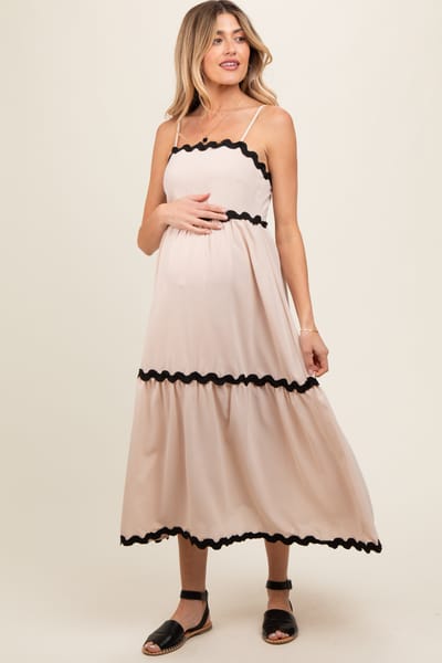 AnnieWear Beige Ric Rac Trim Tiered Maternity Midi Dress
