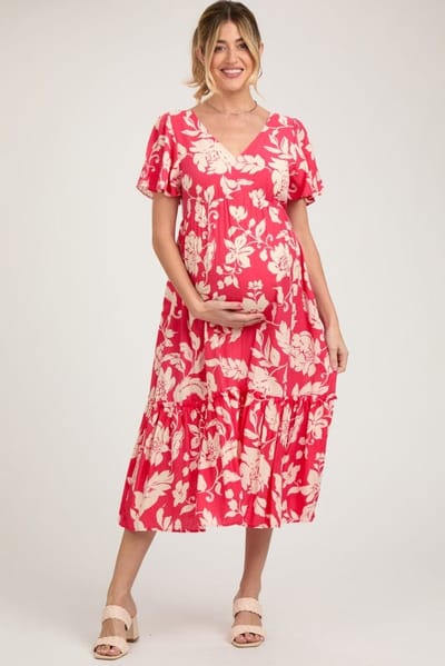 PinkBlush Red Tropical Print Ruffle Maternity Midi Dress