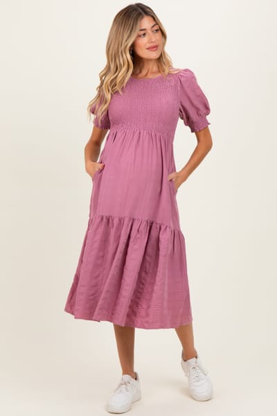 Elloh Mauve Textured Flowy Maternity Dress