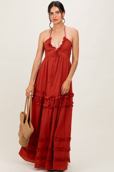 Dress Day Rust Ruffle Ruched Deep V-Neck Maxi Dress