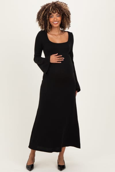 Rhea + Thea Black Solid Ribbed Long Sleeve Square Neck Maternity Maxi Dress