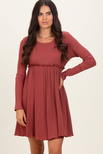 Rhea + Thea Rust Solid Ribbed Long Sleeve Crewneck Shirring Mini Dress