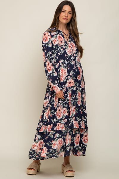 Listicle Navy Floral Smocked Ruffle Neck Maternity Maxi Dress