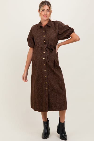 PinkBlush Brown Floral Button Front Waist Tie Maternity Midi Dress