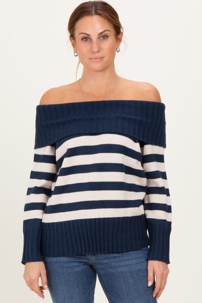 Le Lis Navy Striped Off Shoulder Sweater